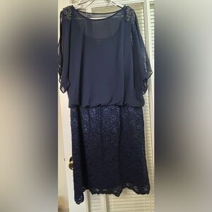 R&M Richards Navy Midi Dress with Lace Skirt-Size 14W